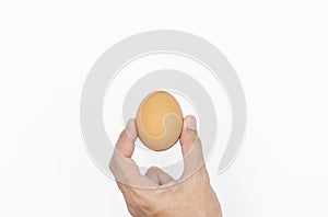 Hand holding egg, isolated on white background