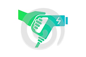 Hand holding electric charger connector green gradient icon. Electrical transportation energy charging plug symbol. Eco