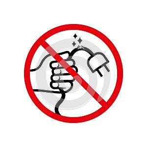 Hand holding electric plug linear black icon. Stop icon with a red circle