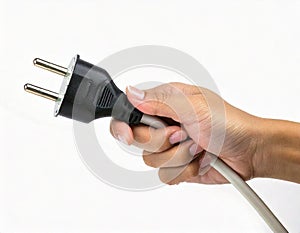 A hand holding an electrical plug, ready to connect to a power source