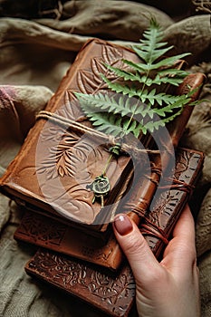 Hand holding embossed leather journals with a fern, artistic creativity. AI Generated