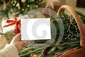 Hand holding empty greeting card on background of stylish christmas wrapped gifts, fir branches in rustic basket and festive tree