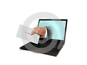 Hand Holding Envelope and Laptop Computer