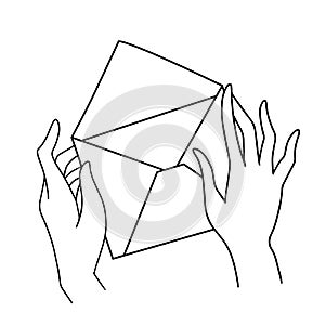 Hand holding envelope. New email, mail delivery, receive message concepts. Black and white line flat design. Vector