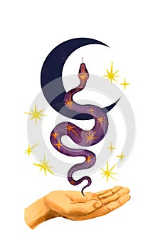 Hand holding esoteric snake with crescent moon, stars. Watercolor beautiful astrology boho illustration for mystery