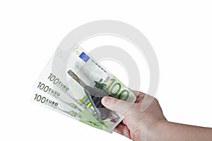 Hand holding euro bills and car keys isolated