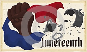 Hand Holding Fabrics and Breaking Chains for Juneteenth Commemoration, Vector Illustration