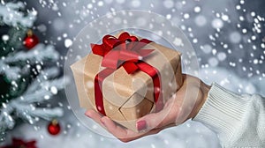 Hand holding a festive holiday gift against a solid silver background