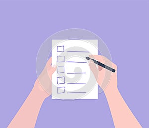 Hand holding filling form Checklist. To Do List Flat Vector Illustration.