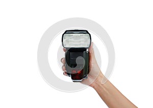 Hand holding a flash light isolated on white background