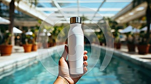 Hand holding flask in front of swimming pool ai generated bottle mockup