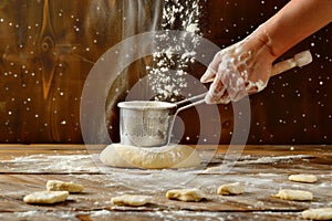 hand holding flour sifter dusting dough on wooden table