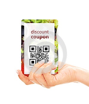 hand holding food discount coupon with qr code isolated over white