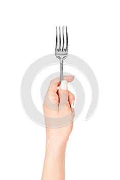 Hand holding fork isolated