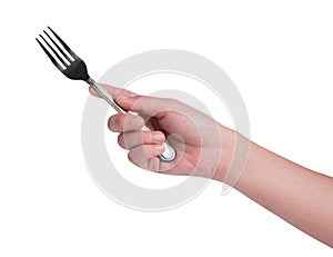 Hand holding fork - shaded with white background
