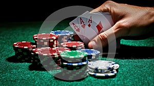 Four Aces Poker Hand and Casino Chips on Green Felt