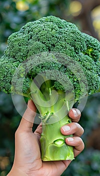 Hand holding fresh broccoli floret with selection of broccoli on blurred background