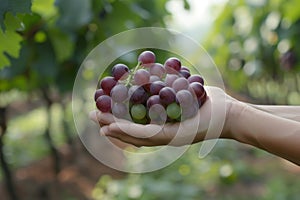 Hand holding fresh grapes with vineyard in background