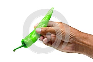 The hand holding fresh green chili on isolates background