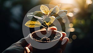 Hand holding fresh green seedling, symbolizing new life and growth generated by AI