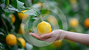 Hand holding fresh lemon, selective focus on blurred lemons background with copy space