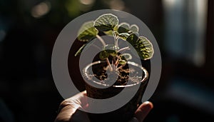 Hand holding fresh seedling, symbolizing growth and new life generated by AI