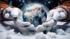 Hand holding frozen Earth planet globe on dark background.Environmental protection,global warming problem concept banner.