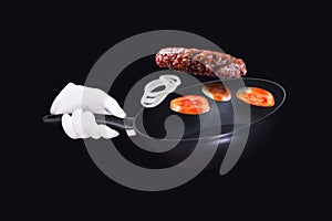 Hand holding Frying pan. White glove holding black pan. Beef milled meat flying from a pan  on black background.