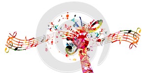 Hand holding G-clef with musical instruments vector illustration