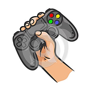 Hand holding gaming controller joystick