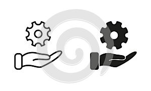 Hand Holding Gear Line and Silhouette Black Icon Set. Technology Support, Cog Wheel Pictogram. Technical Maintenance