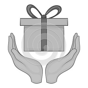 Hand holding a gift icon, black monochrome style