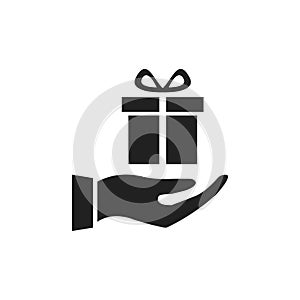 Hand holding gift icon. Holiday black outline illustration.