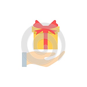 Hand holding gift icon. Holiday colorful outline illustration.