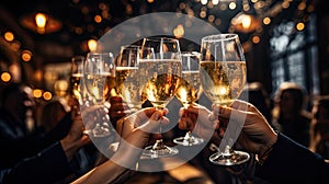 Hand holding glass of champagne, people cheering, cheers, spending a moment together with friends, party, happy moment.Generative