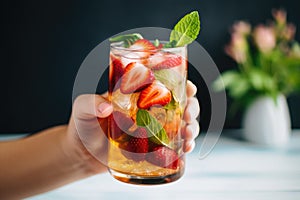 hand holding a glass of chilled iced tea with strawberries