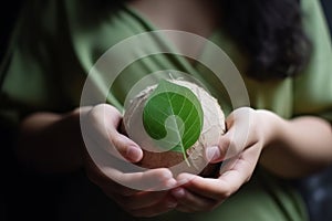 Hand holding glass globe ball with tree growing and green nature blur background. eco concept. Generative Ai