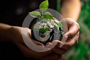 Hand holding glass globe ball with tree growing and green nature blur background. eco concept. Generative Ai