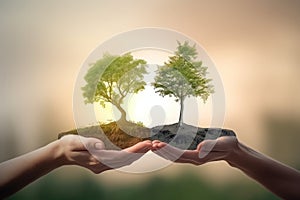 Hand holding glass globe ball with tree growing and green nature blur background. eco concept. Generative Ai