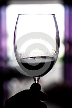 Hand holding a glass goblet with red wine against the light