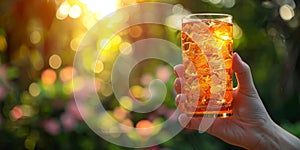 Hand holding a glass of iced tea in sunlight, ideal for lifestyle and refreshment themes.