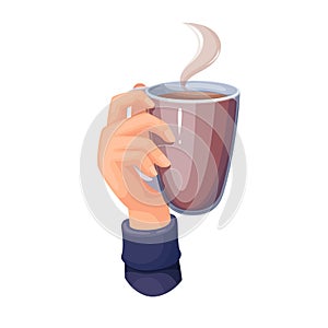 Hand holding glass mug with brown hot drink and steam, person drinking coffee, tea