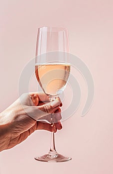 Hand Holding a Glass of RosÃ© Wine Against a Soft Pink Background