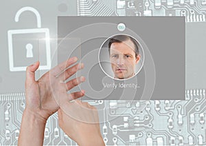 Hand holding glass screen and Identity Verify security App Interface