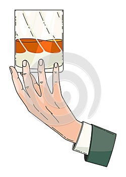 Hand holding glass with strong drink whiskey. Drink whiskey, beverage booze in hand, vintage hand drawing vector photo