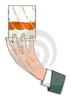 Hand holding glass with strong drink whiskey. Drink whiskey, beverage booze in hand, vintage hand drawing vector