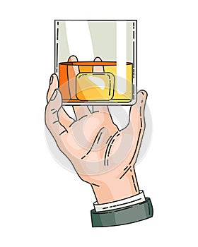 Hand holding glass with strong drink whiskey. Vintage hand drawing vector illustration. Drink tequila or whiskey