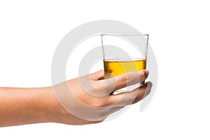 Hand holding a glass of whiskey on neat