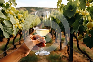 Hand holding a glass of white wine, vineyard on the background