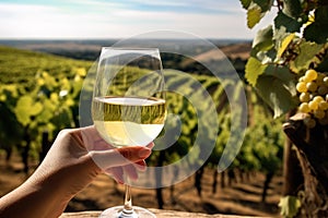 Hand holding a glass of white wine, vineyard on the background